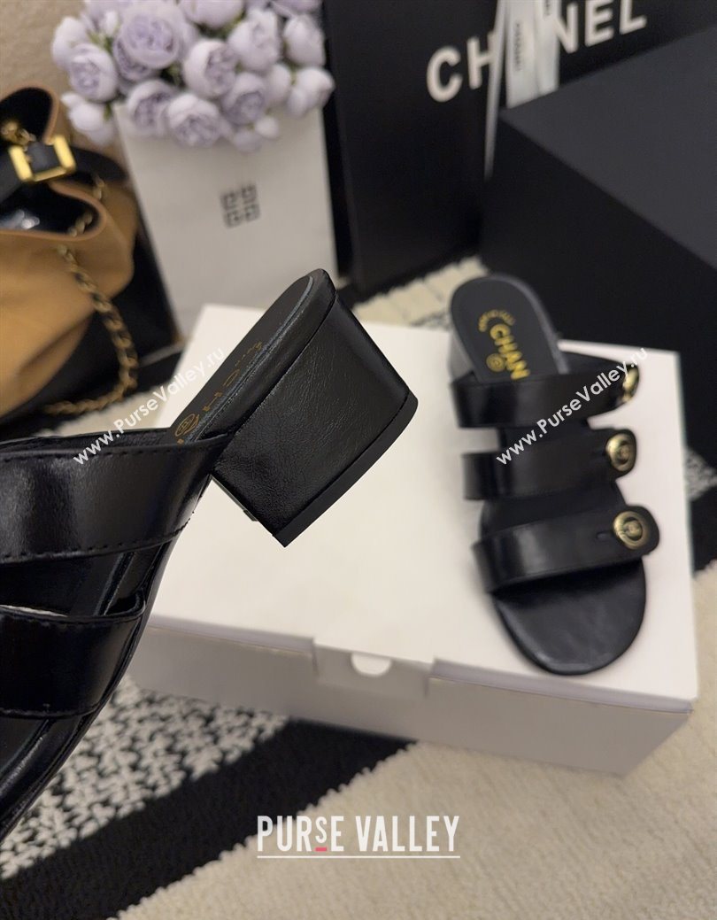 Chanel Shiny Calfskin Leather Heel Slides Sandal 4cm with Button Strap Black 2025 G46798 (MD-251223068)