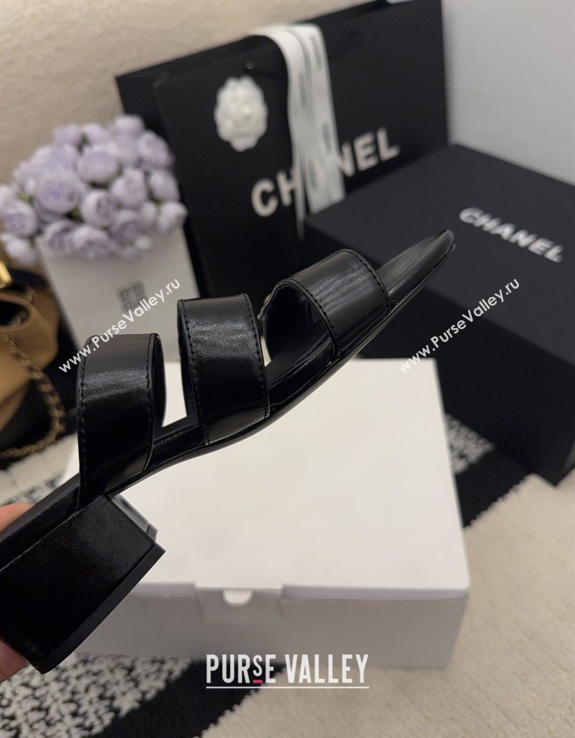 Chanel Shiny Calfskin Leather Heel Slides Sandal 4cm with Button Strap Black 2025 G46798 (MD-251223068)