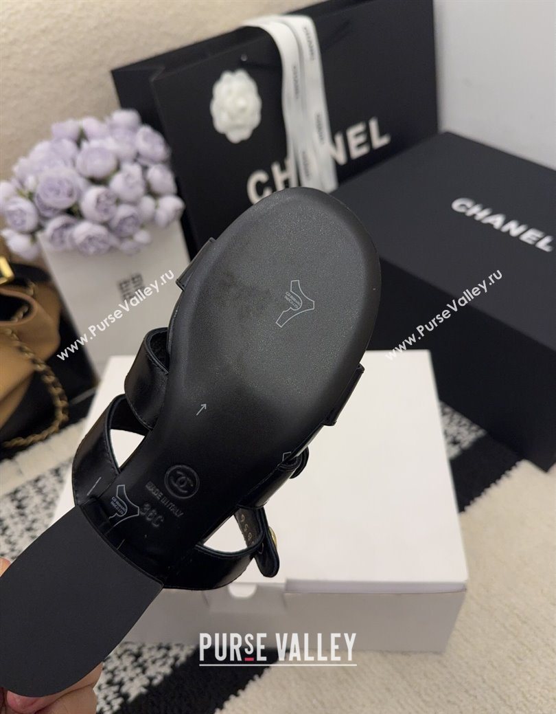 Chanel Shiny Calfskin Leather Heel Slides Sandal 4cm with Button Strap Black 2025 G46798 (MD-251223068)
