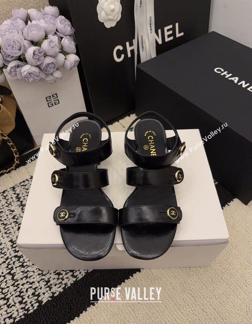 Chanel Shiny Calfskin Leather Heel Sandals 4cm with Button Strap Black 2025 G46793 (MD-251223069)