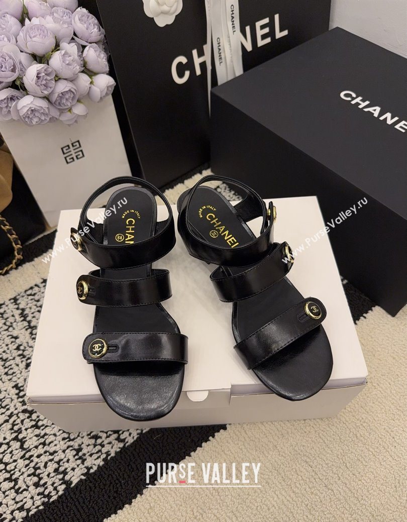 Chanel Shiny Calfskin Leather Heel Sandals 4cm with Button Strap Black 2025 G46793 (MD-251223069)
