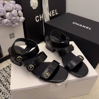 Chanel Shiny Calfskin Leather Heel Sandals 4cm with Button Strap Black 2025 G46793 (MD-251223069)