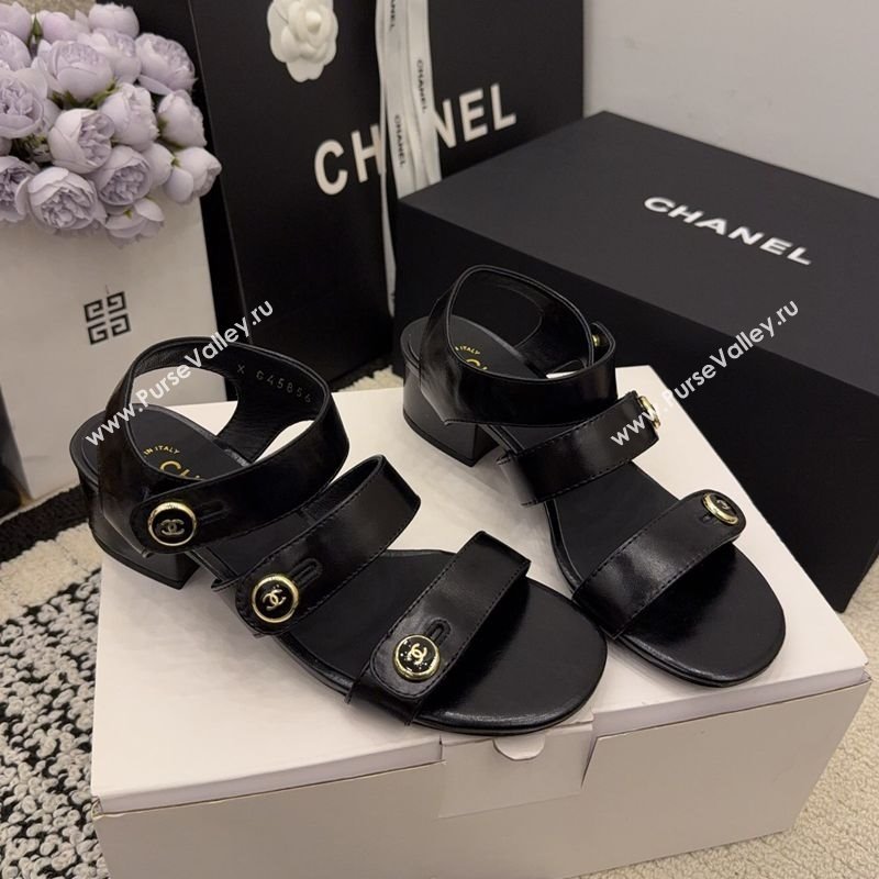 Chanel Shiny Calfskin Leather Heel Sandals 4cm with Button Strap Black 2025 G46793 (MD-251223069)