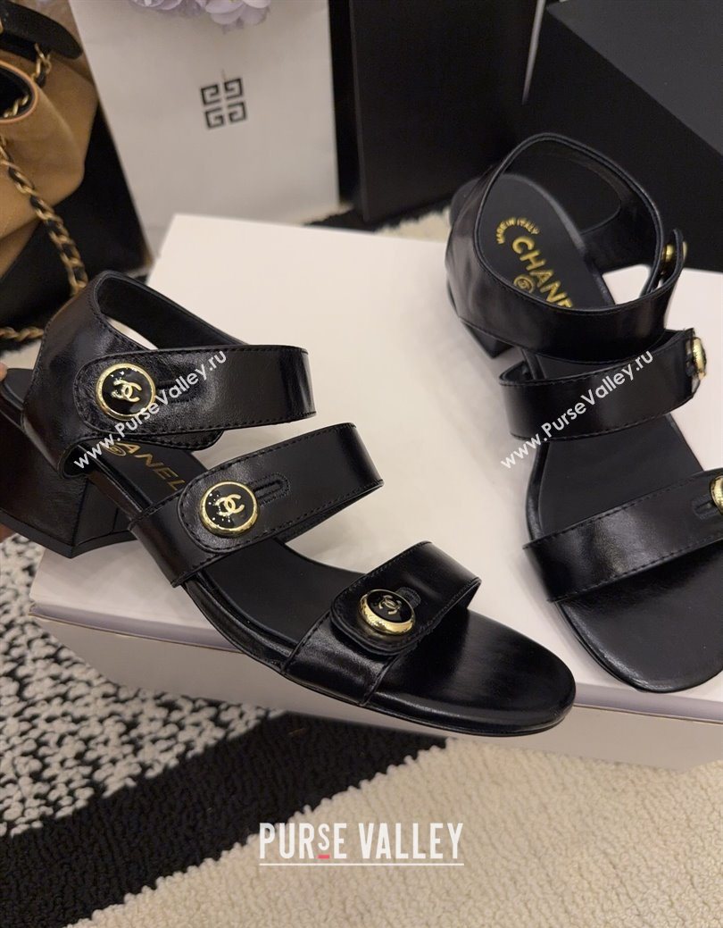 Chanel Shiny Calfskin Leather Heel Sandals 4cm with Button Strap Black 2025 G46793 (MD-251223069)