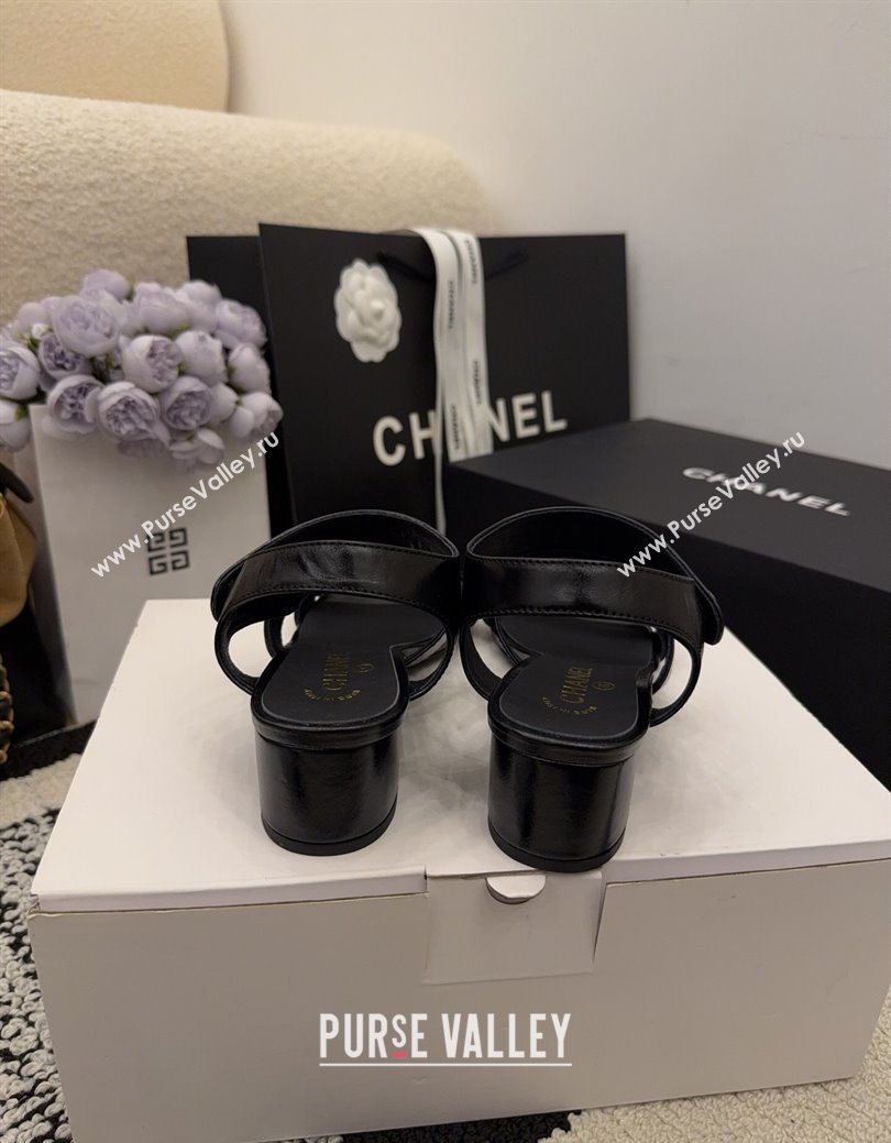 Chanel Shiny Calfskin Leather Heel Sandals 4cm with Button Strap Black 2025 G46793 (MD-251223069)
