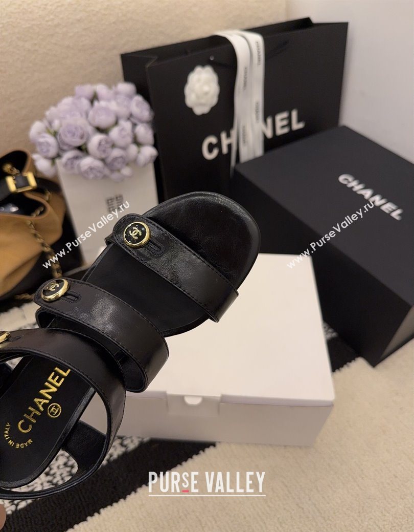 Chanel Shiny Calfskin Leather Heel Sandals 4cm with Button Strap Black 2025 G46793 (MD-251223069)