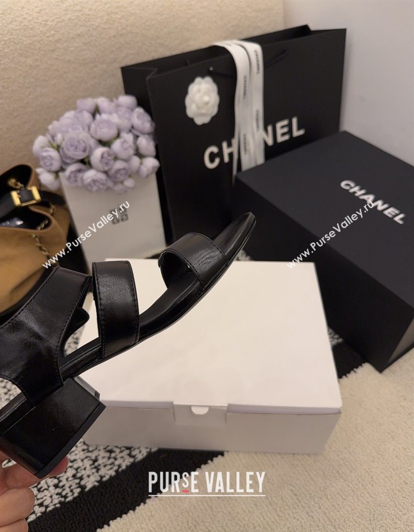 Chanel Shiny Calfskin Leather Heel Sandals 4cm with Button Strap Black 2025 G46793 (MD-251223069)