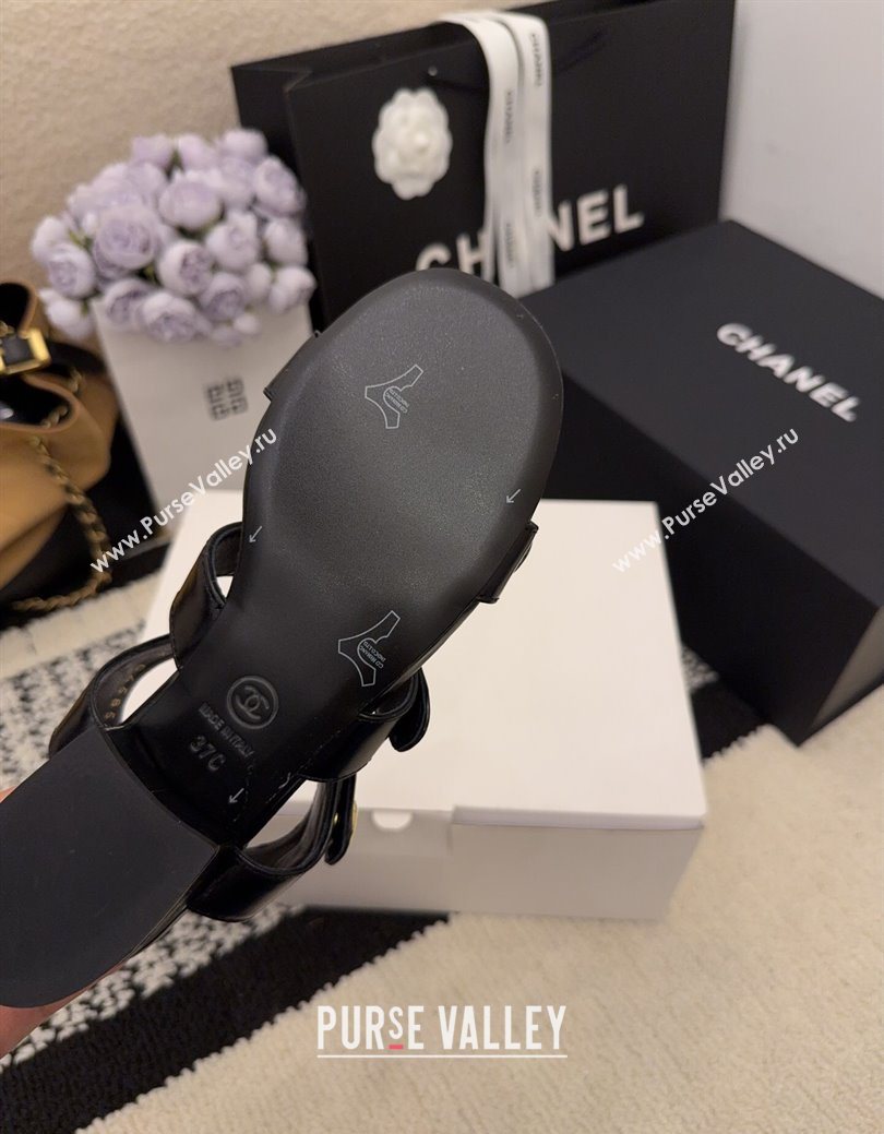 Chanel Shiny Calfskin Leather Heel Sandals 4cm with Button Strap Black 2025 G46793 (MD-251223069)