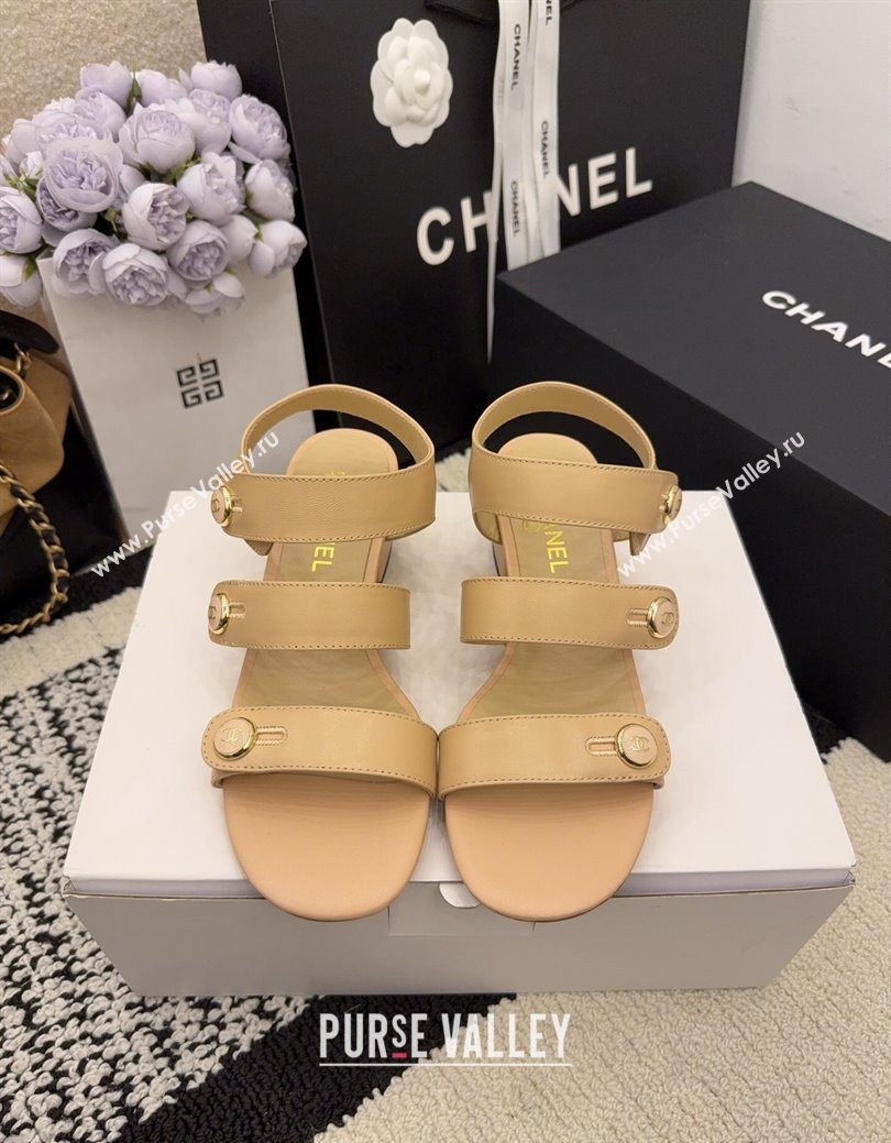 Chanel Shiny Calfskin Leather Heel Sandals 4cm with Button Strap Beige 2025 G46793 (MD-251223070)