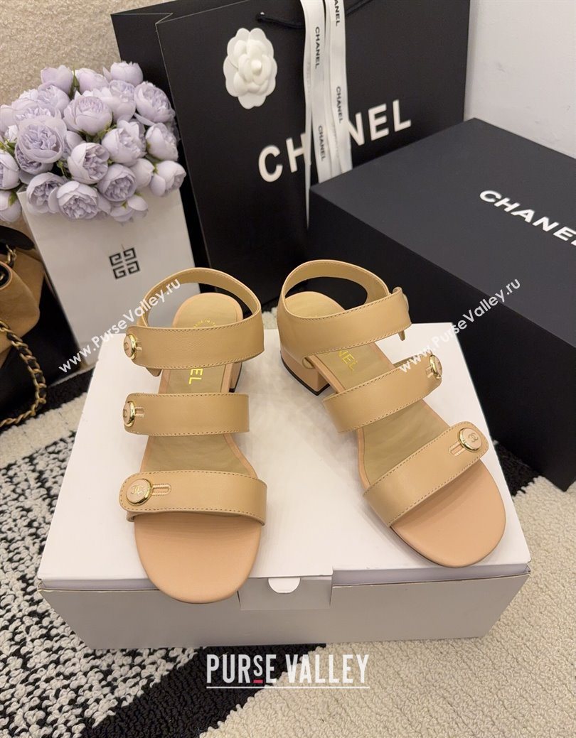 Chanel Shiny Calfskin Leather Heel Sandals 4cm with Button Strap Beige 2025 G46793 (MD-251223070)