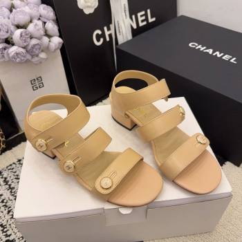 Chanel Shiny Calfskin Leather Heel Sandals 4cm with Button Strap Beige 2025 G46793 (MD-251223070)