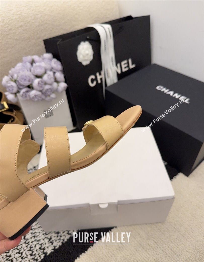 Chanel Shiny Calfskin Leather Heel Sandals 4cm with Button Strap Beige 2025 G46793 (MD-251223070)