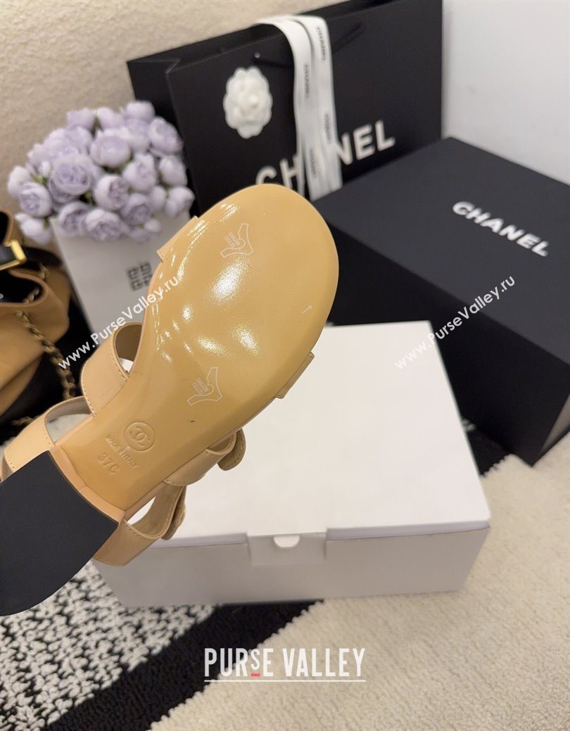 Chanel Shiny Calfskin Leather Heel Sandals 4cm with Button Strap Beige 2025 G46793 (MD-251223070)