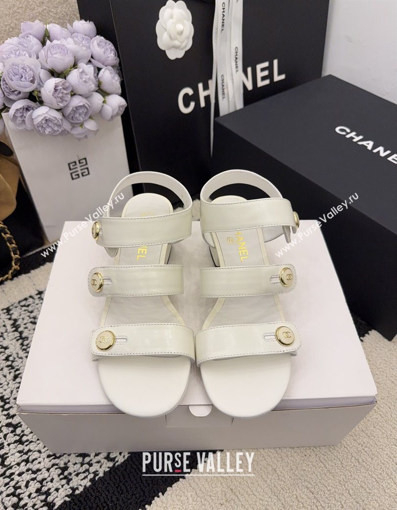 Chanel Shiny Calfskin Leather Heel Sandals 4cm with Button Strap White 2025 G46793 (MD-251223071)