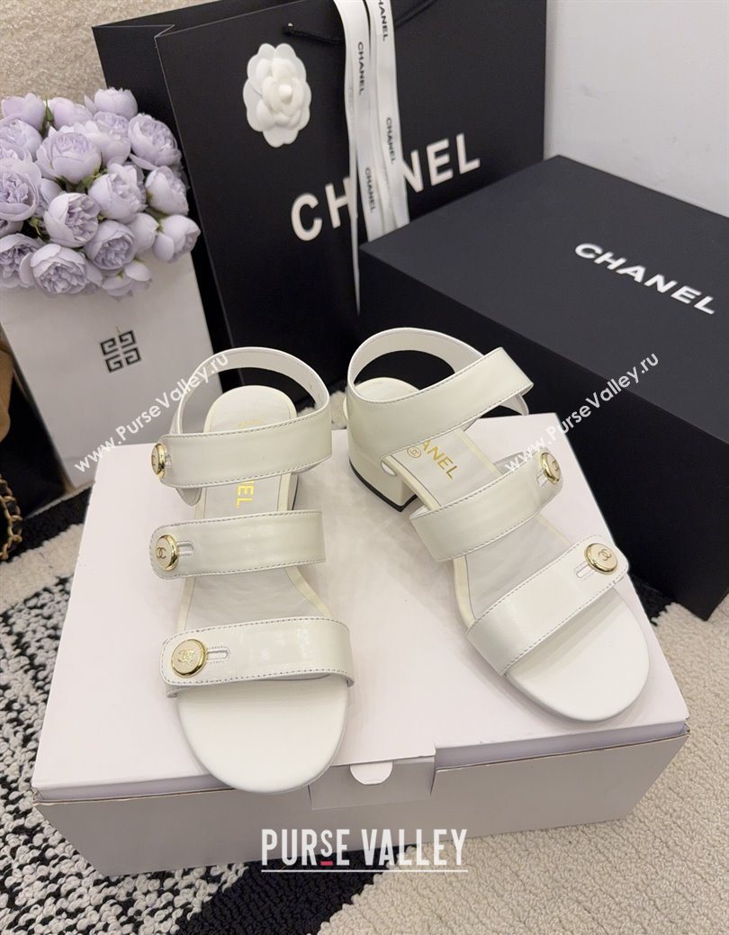 Chanel Shiny Calfskin Leather Heel Sandals 4cm with Button Strap White 2025 G46793 (MD-251223071)