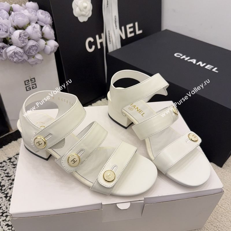 Chanel Shiny Calfskin Leather Heel Sandals 4cm with Button Strap White 2025 G46793 (MD-251223071)