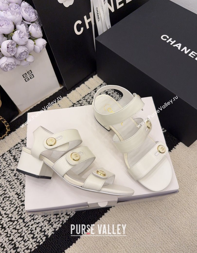 Chanel Shiny Calfskin Leather Heel Sandals 4cm with Button Strap White 2025 G46793 (MD-251223071)