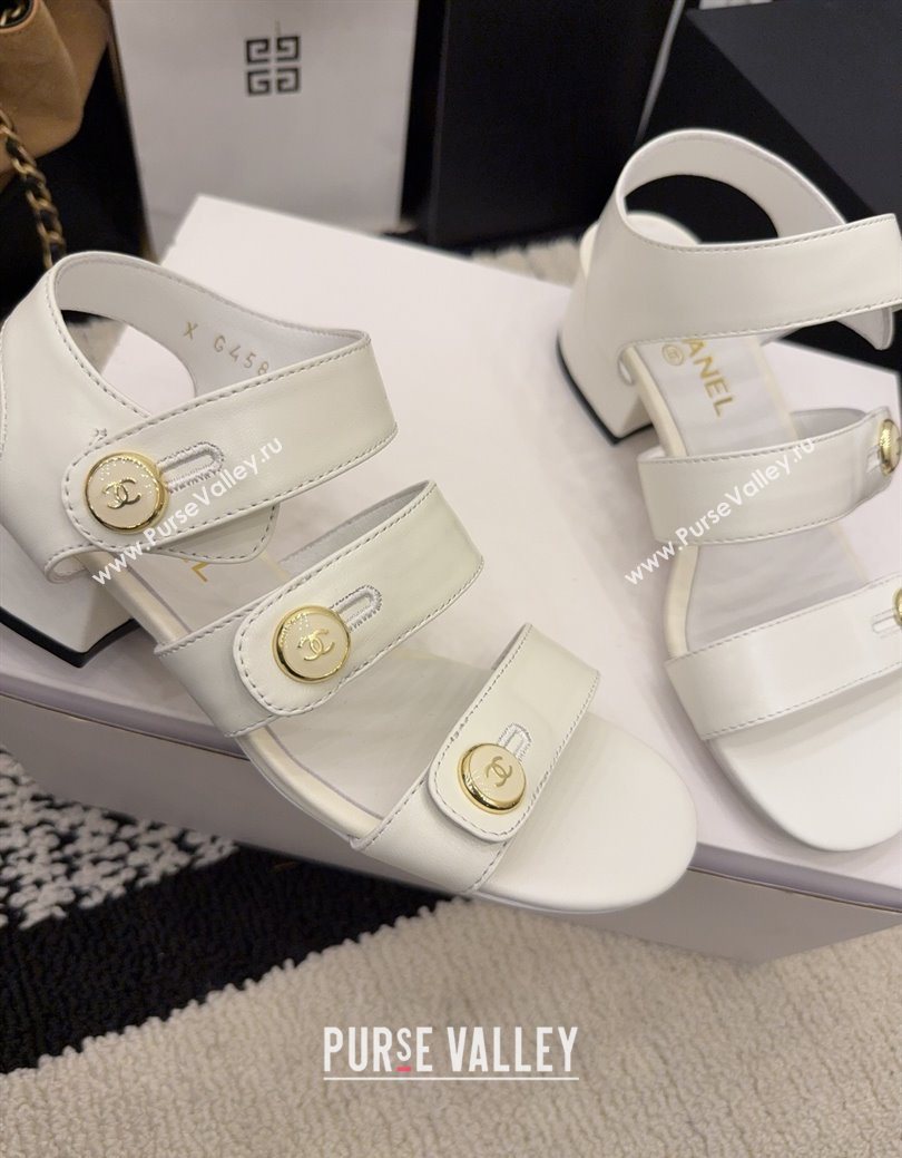 Chanel Shiny Calfskin Leather Heel Sandals 4cm with Button Strap White 2025 G46793 (MD-251223071)