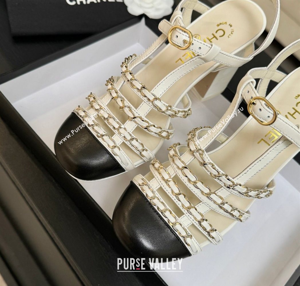 Chanel Calfskin Leather Chain Heel Sandals 8cm White 2025 G46956 (MD-251223075)