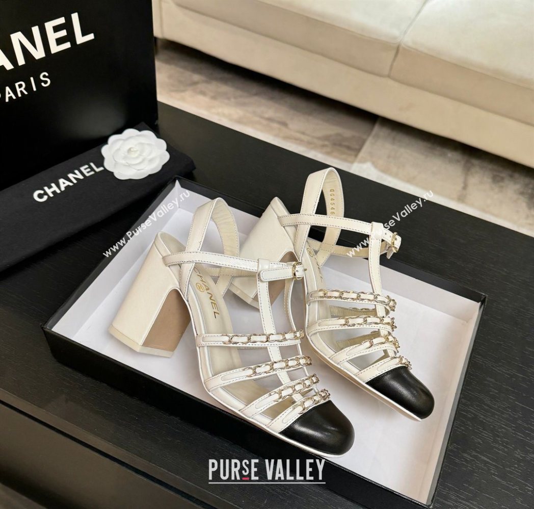 Chanel Calfskin Leather Chain Heel Sandals 8cm White 2025 G46956 (MD-251223075)