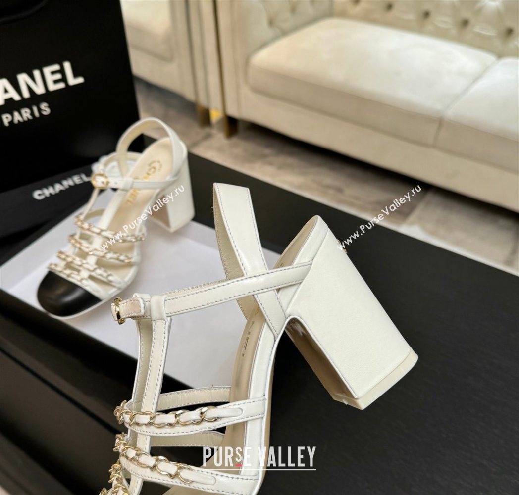 Chanel Calfskin Leather Chain Heel Sandals 8cm White 2025 G46956 (MD-251223075)