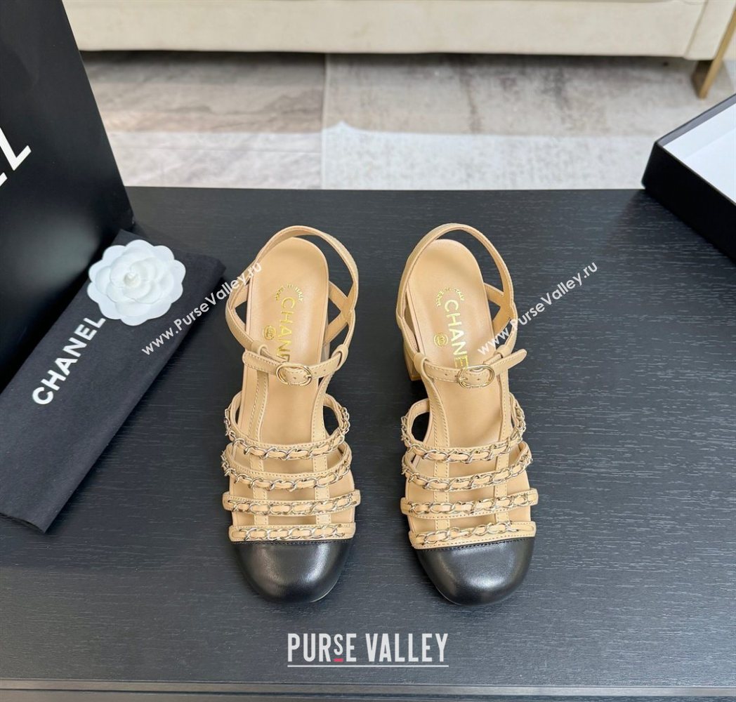 Chanel Calfskin Leather Chain Heel Sandals 8cm Beige 2025 G46956 (MD-251223076)