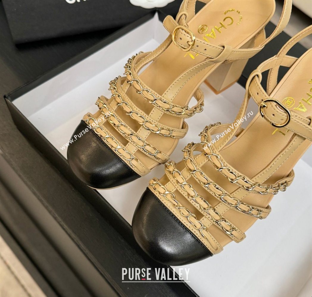 Chanel Calfskin Leather Chain Heel Sandals 8cm Beige 2025 G46956 (MD-251223076)