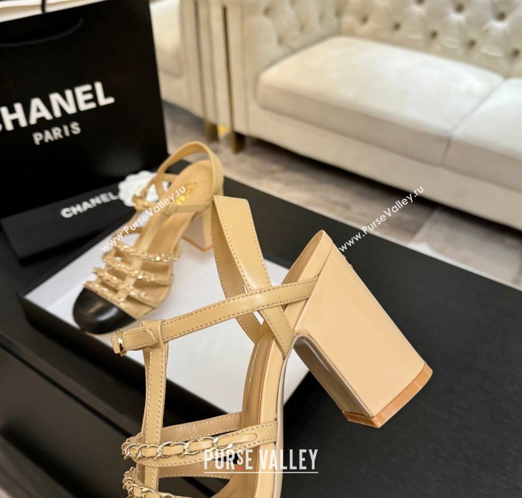 Chanel Calfskin Leather Chain Heel Sandals 8cm Beige 2025 G46956 (MD-251223076)