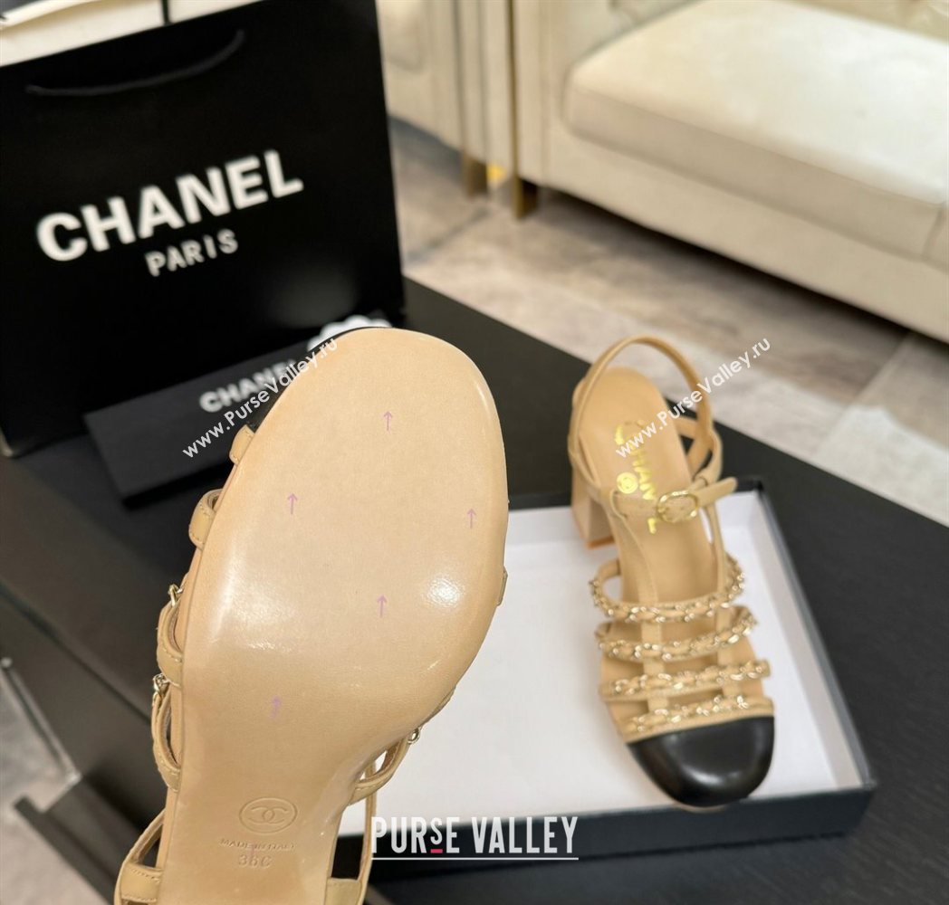 Chanel Calfskin Leather Chain Heel Sandals 8cm Beige 2025 G46956 (MD-251223076)