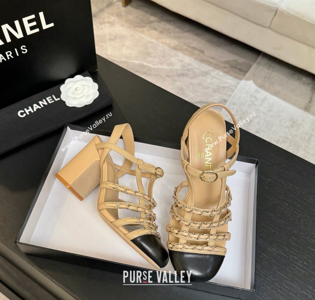 Chanel Calfskin Leather Chain Heel Sandals 8cm Beige 2025 G46956 (MD-251223076)