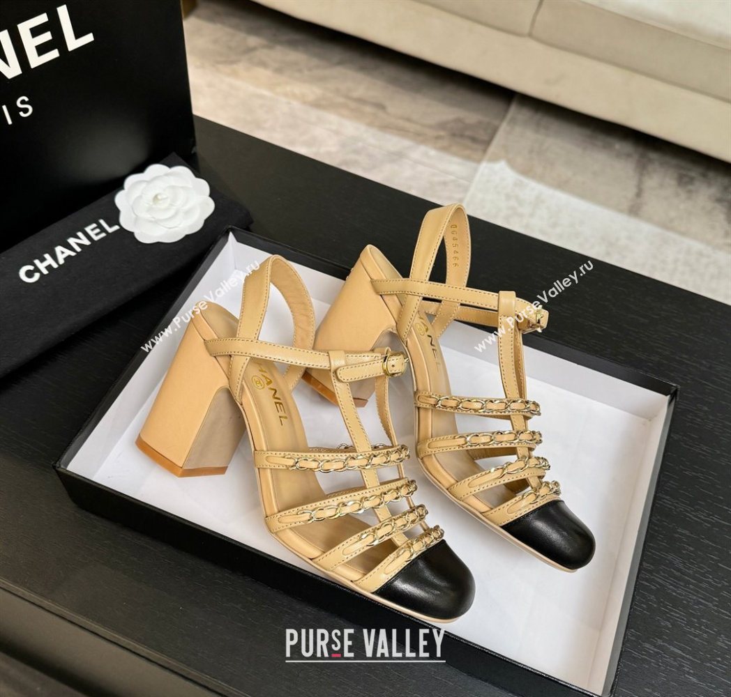 Chanel Calfskin Leather Chain Heel Sandals 8cm Beige 2025 G46956 (MD-251223076)