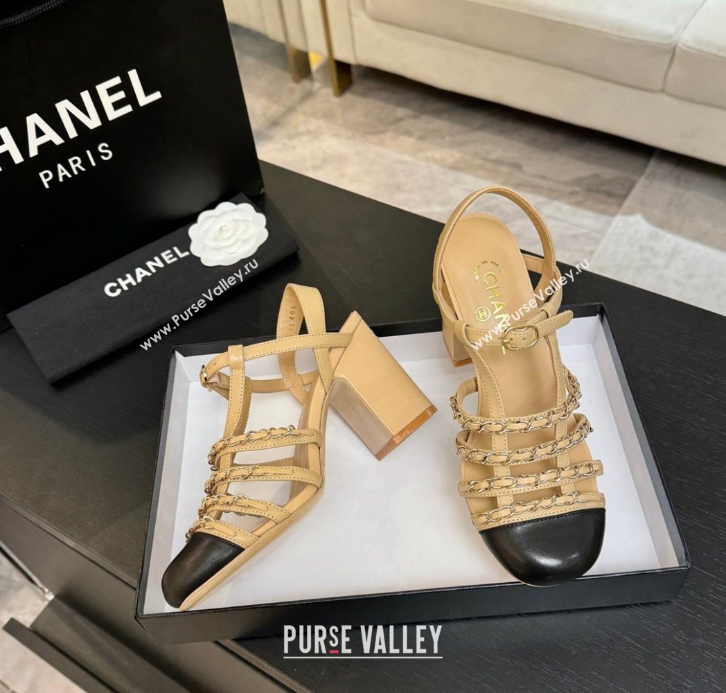 Chanel Calfskin Leather Chain Heel Sandals 8cm Beige 2025 G46956 (MD-251223076)