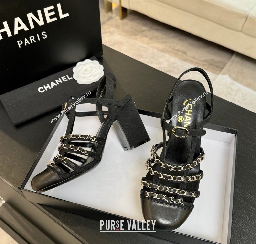 Chanel Fabric Chain Heel Sandals 8cm Black 2025 G46956 (MD-251223077)