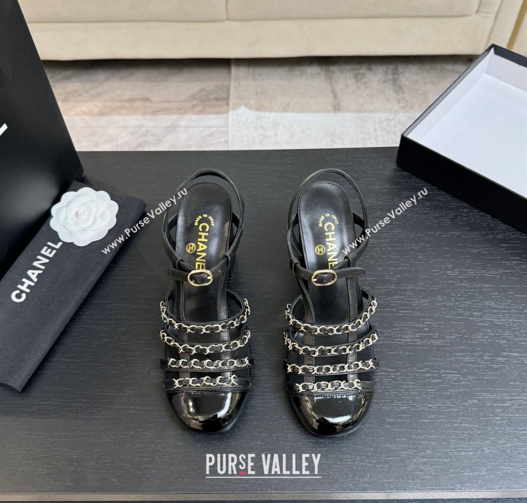 Chanel Calfskin Leather Chain Heel Sandals 8cm Black 2025 G46956 (MD-251223078)