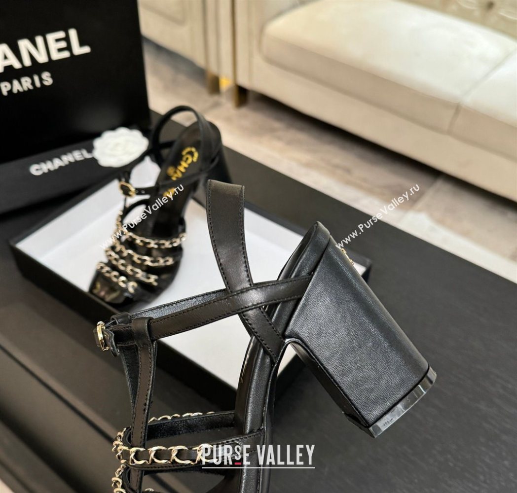 Chanel Calfskin Leather Chain Heel Sandals 8cm Black 2025 G46956 (MD-251223078)