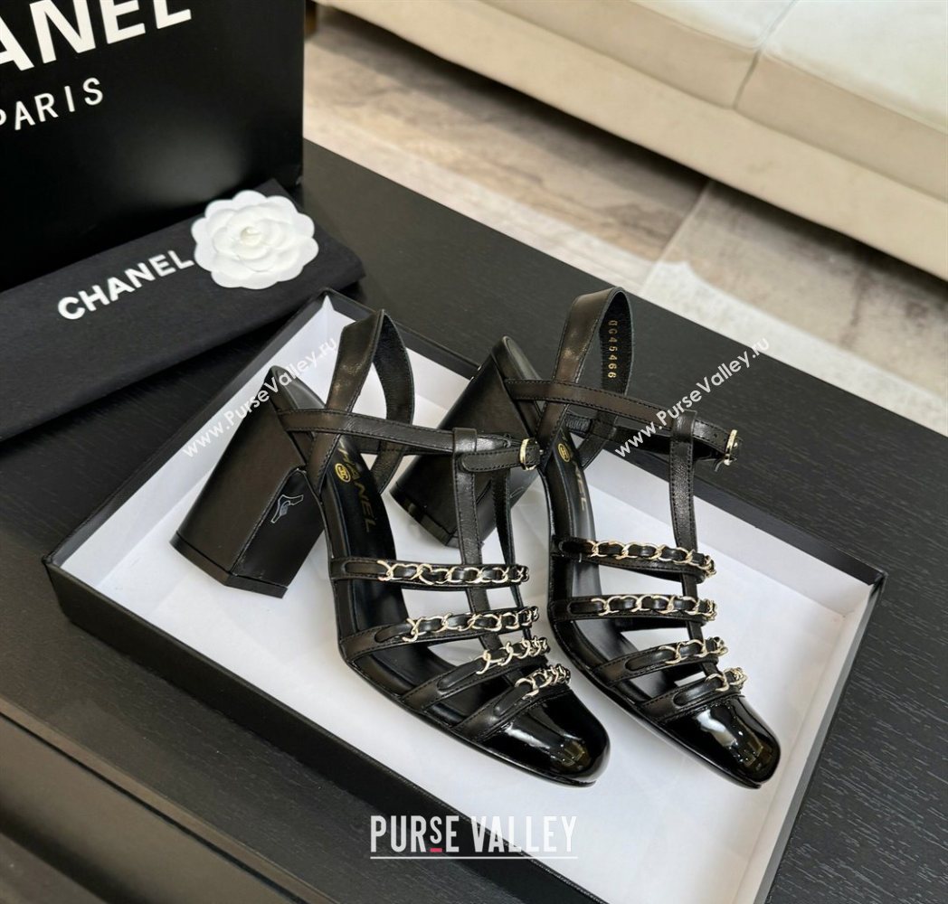 Chanel Calfskin Leather Chain Heel Sandals 8cm Black 2025 G46956 (MD-251223078)