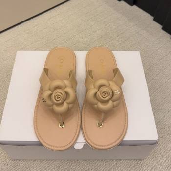 Chanel Calfskin Leather Flat Thongs Slide Sandal with Camellia Bloom Beige 2025 G46988 (MD-251223082)