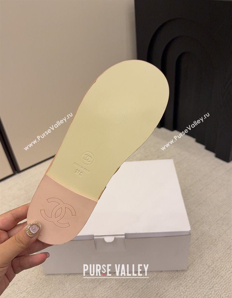 Chanel Calfskin Leather Flat Thongs Slide Sandal with Camellia Bloom Beige 2025 G46988 (MD-251223082)