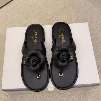 Chanel Calfskin Leather Flat Thongs Slide Sandal with Camellia Bloom Black 2025 G46988 (MD-251223083)