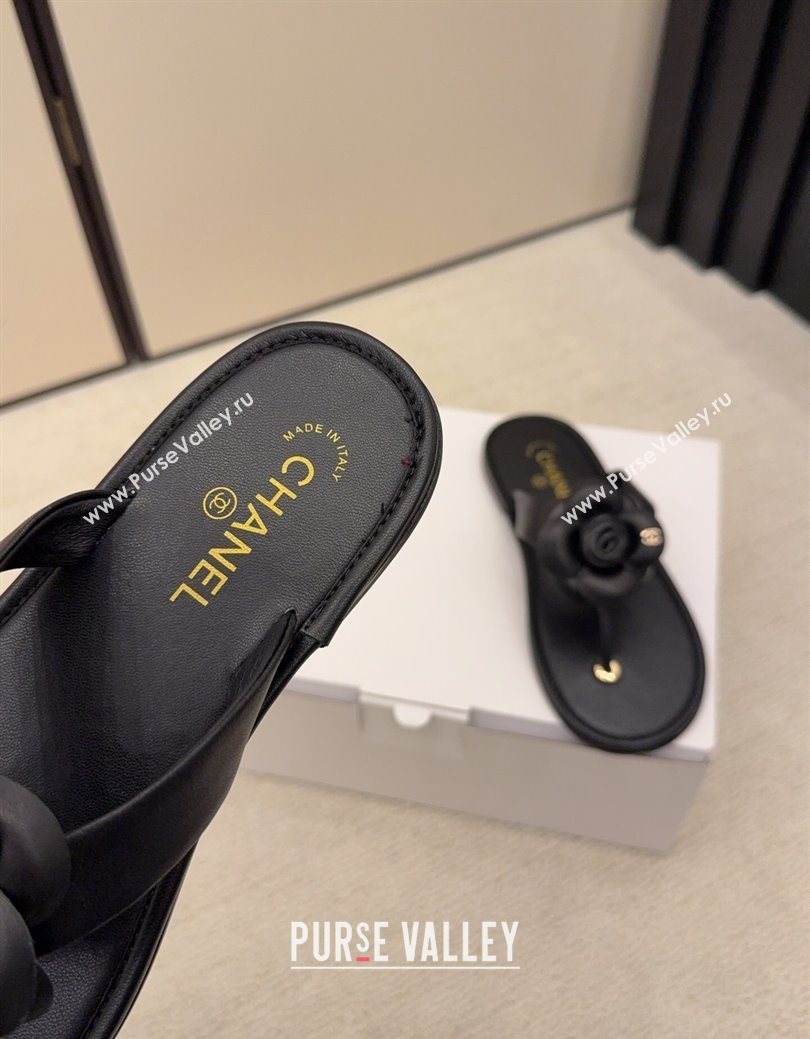 Chanel Calfskin Leather Flat Thongs Slide Sandal with Camellia Bloom Black 2025 G46988 (MD-251223083)