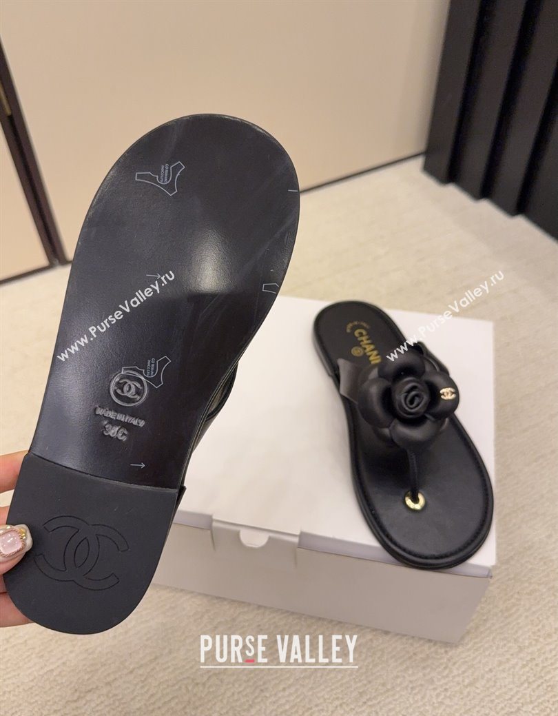 Chanel Calfskin Leather Flat Thongs Slide Sandal with Camellia Bloom Black 2025 G46988 (MD-251223083)