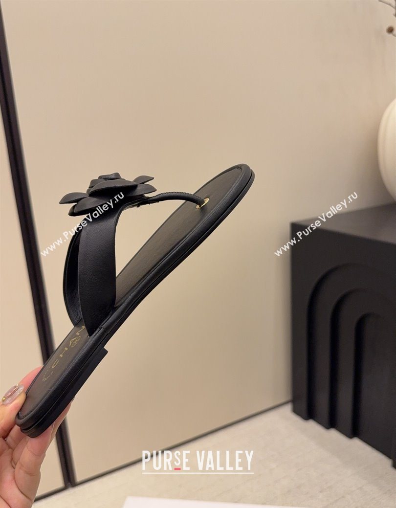 Chanel Calfskin Leather Flat Thongs Slide Sandal with Camellia Bloom Black 2025 G46988 (MD-251223083)