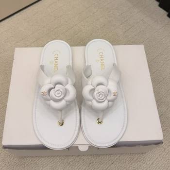 Chanel Calfskin Leather Flat Thongs Slide Sandal with Camellia Bloom White 2025 G46988 (MD-251223084)