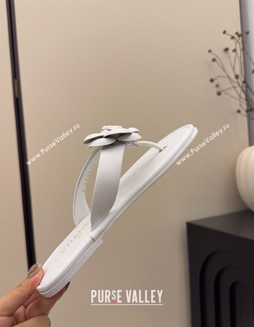 Chanel Calfskin Leather Flat Thongs Slide Sandal with Camellia Bloom White 2025 G46988 (MD-251223084)
