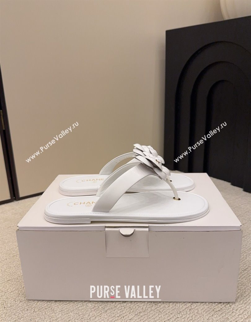 Chanel Calfskin Leather Flat Thongs Slide Sandal with Camellia Bloom White 2025 G46988 (MD-251223084)
