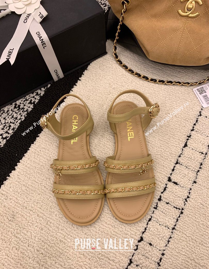 Chanel Calfskin Leather Flat Sandals with Chain Beige 2025 G46801 (MD-251223081)