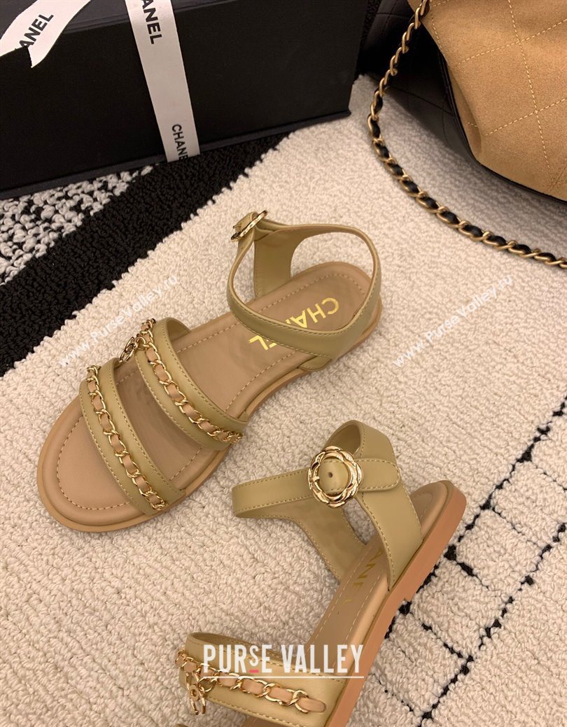 Chanel Calfskin Leather Flat Sandals with Chain Beige 2025 G46801 (MD-251223081)