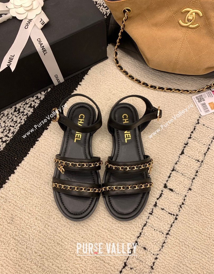 Chanel Calfskin Leather Flat Sandals with Chain Black 2025 G46801 (MD-251223086)
