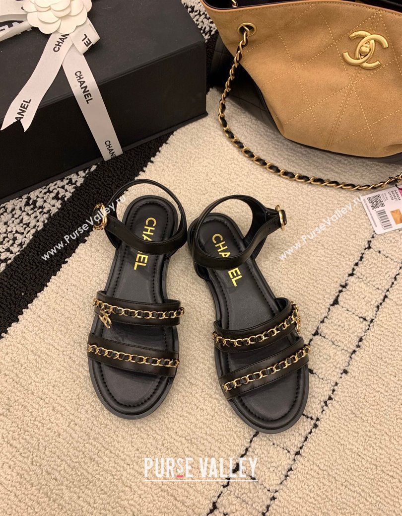 Chanel Calfskin Leather Flat Sandals with Chain Black 2025 G46801 (MD-251223086)