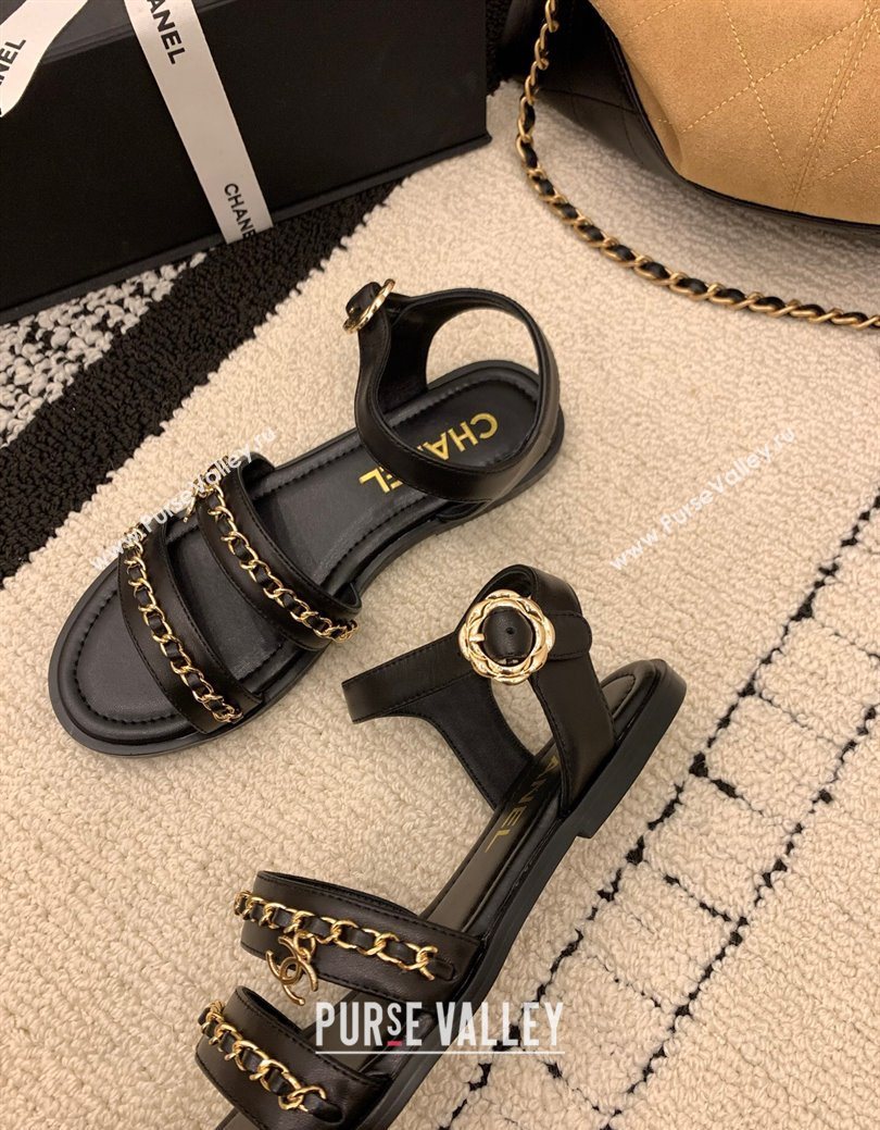 Chanel Calfskin Leather Flat Sandals with Chain Black 2025 G46801 (MD-251223086)
